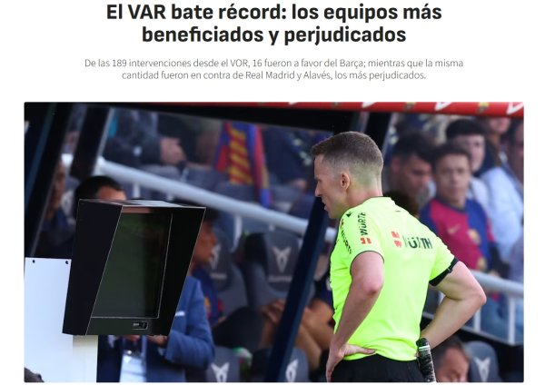 As: This season, VAR in La Liga has made the most 16 penalties for Barcelona, ​​and the most 16 penalties for Real Madrid have made the most 16 penalties for adverse penalties.